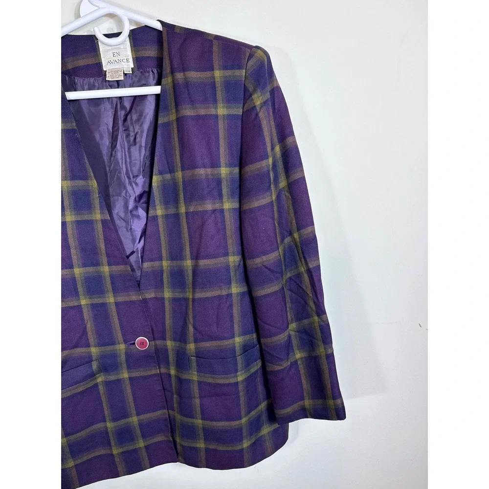 En Avance Vintage Blazer‎ Purple Plaid Rayon Women Size 11/12 Made in USA